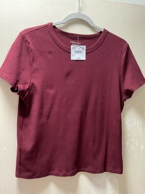 American Eagle Outfitters Ribbed Short Sleeve Tee in Wine